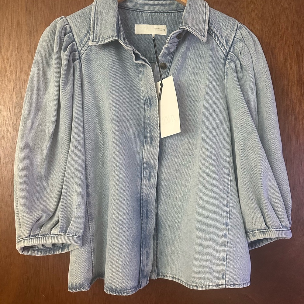 NWT ZARA Collection Light Blue Denim Shirt With Puffed Sleeves - Picture 6 of 6